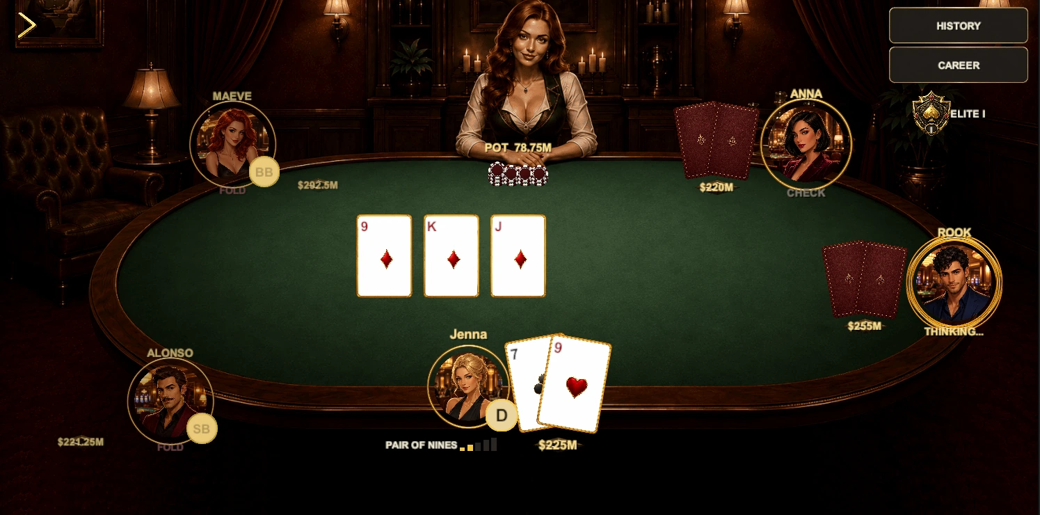 Texas Hold’em gameplay with AI opponents, community cards and the player's hand
