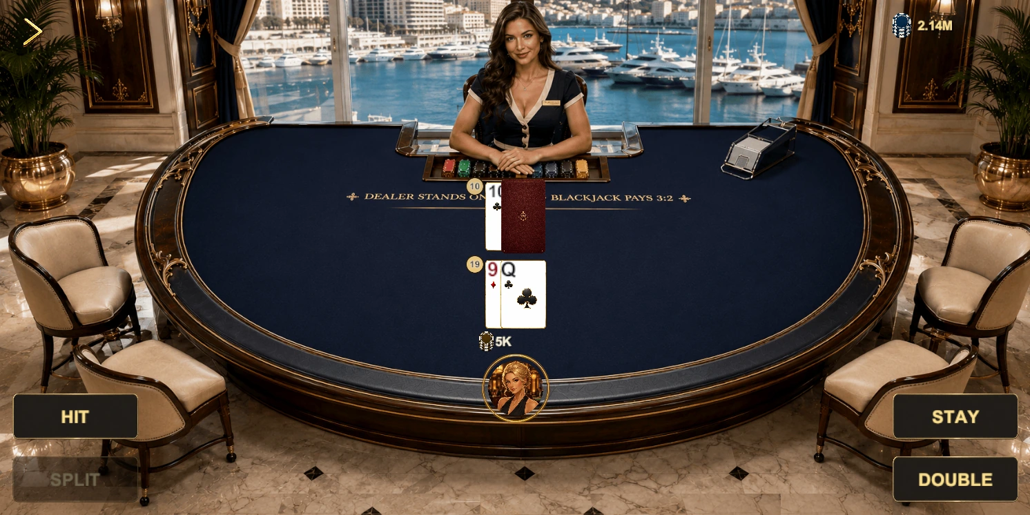 Monte Carlo Blackjack beside a sunlit marina